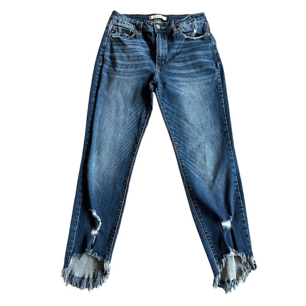 KanCan Skinny Mid-Rise Jeans Distressed Chewed Hem Cropped Size 28 Women's
